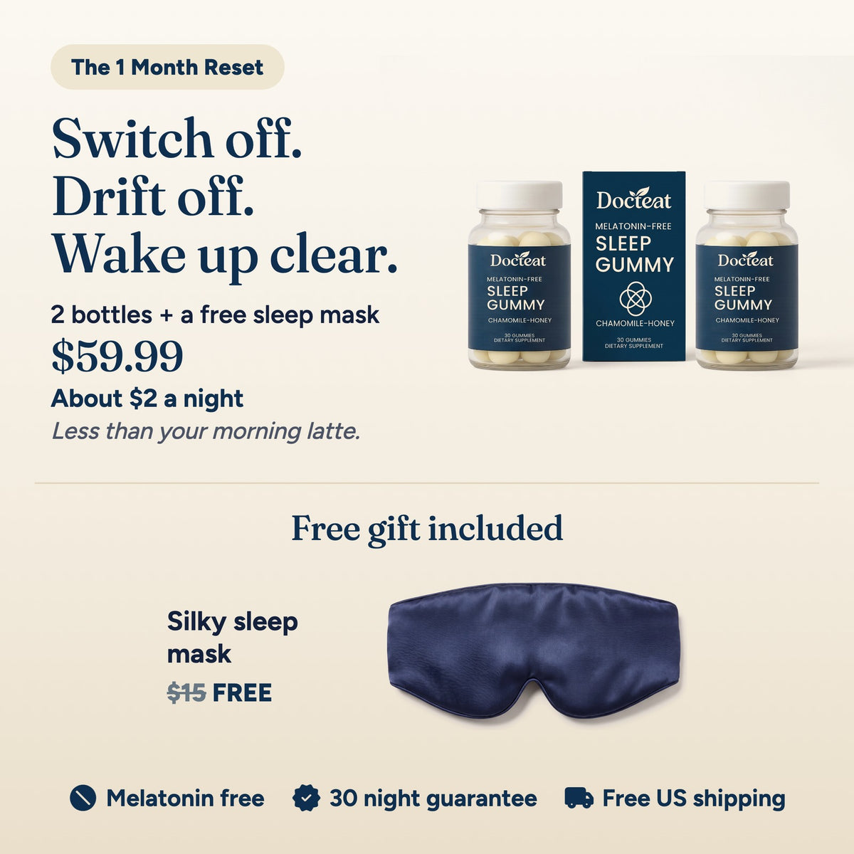 The 1 Month Reset, 2 bottles plus a free sleep mask