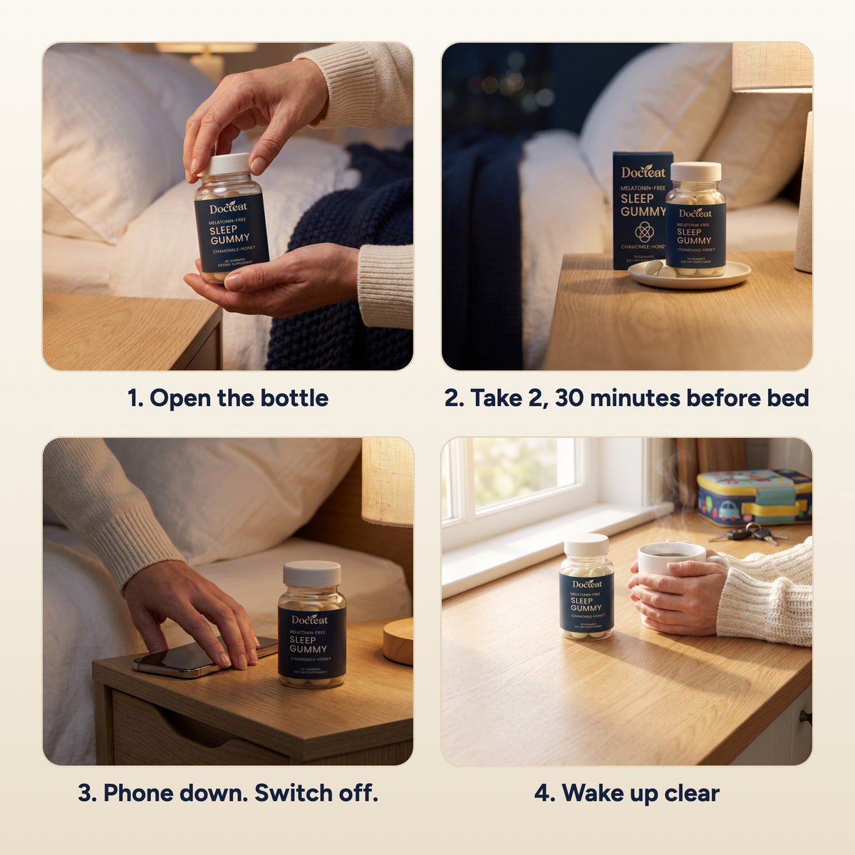 How to use it: open the bottle, take 2 before bed, phone down, wake up clear