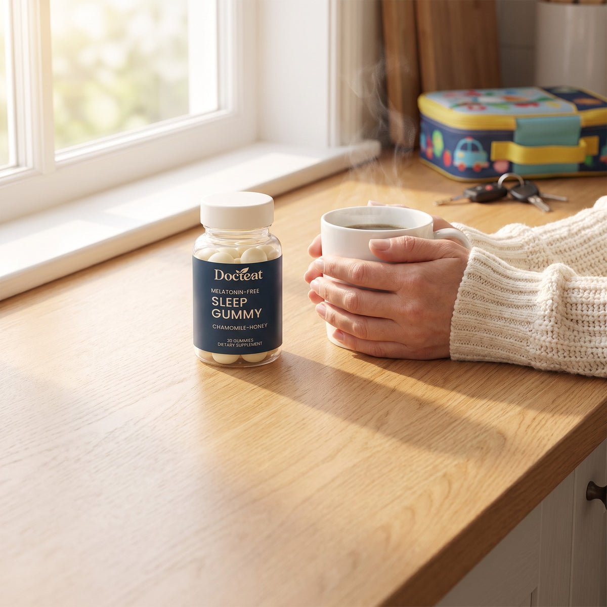 Morning coffee next to the Docteat Sleep Gummies jar
