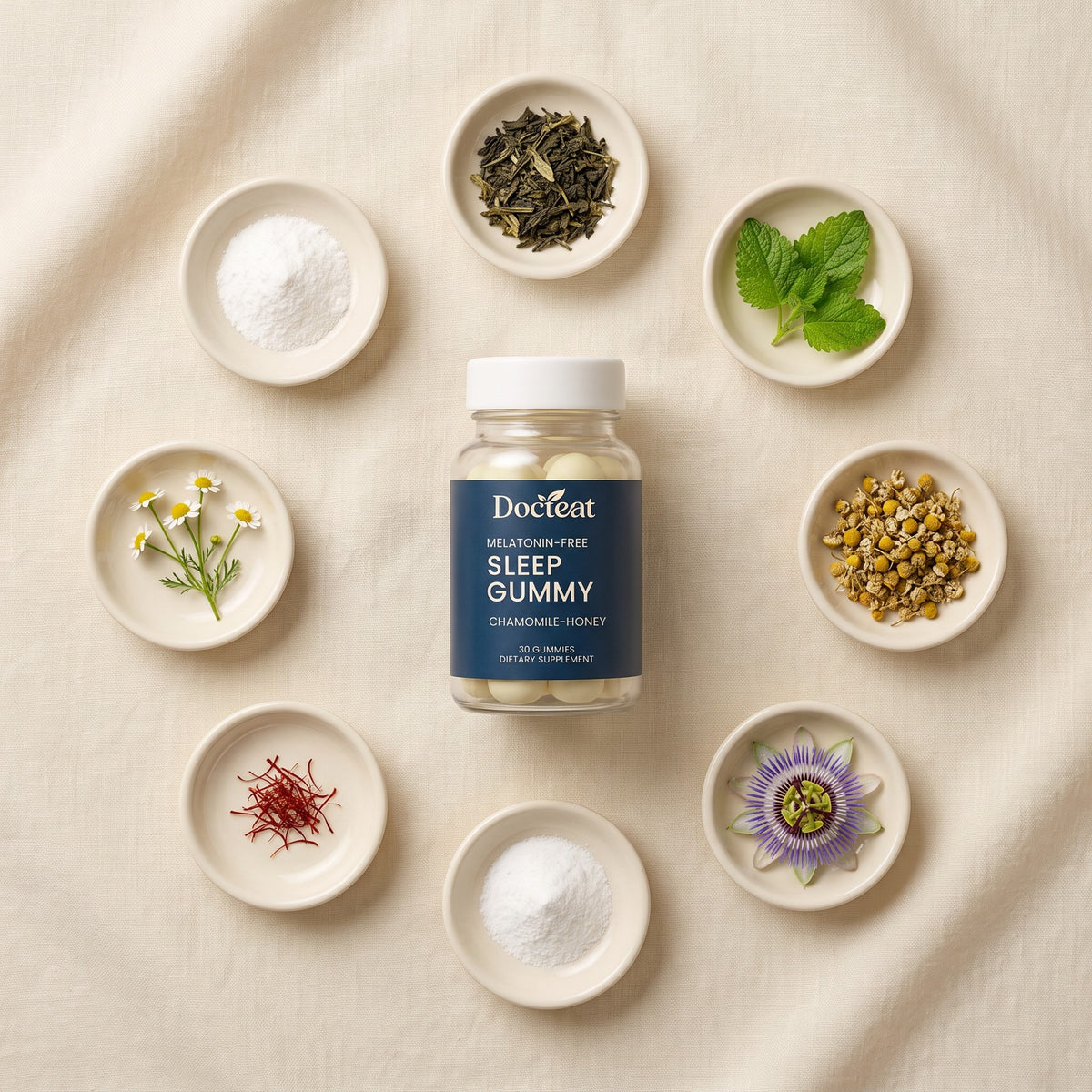 Docteat Sleep Gummies jar with its 8 calming ingredients