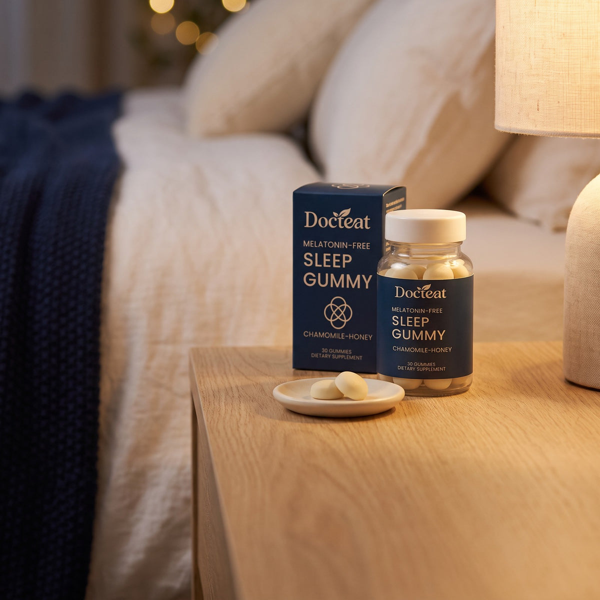 Docteat Sleep Gummies on a bedside table